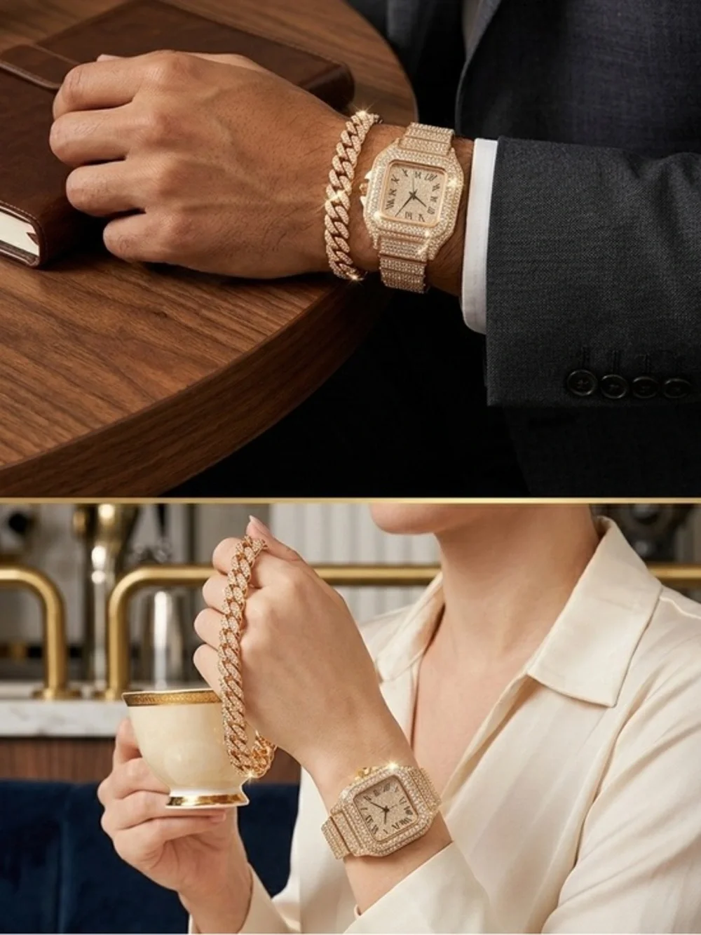 Unisex Luxury Gold Iced-Out Watch & oBracelet Set - Rose Gold